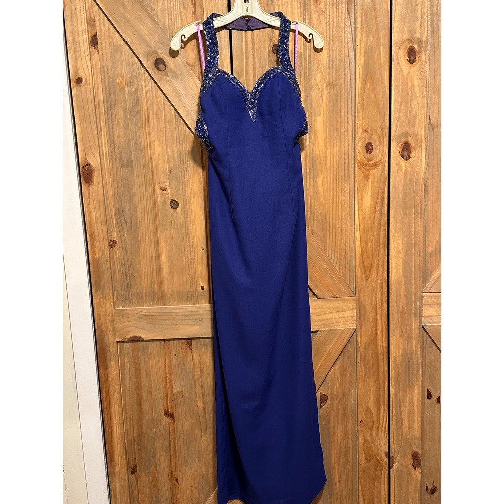 Cire A Division of Landa Vintage Beaded Halter Gown Royal Blue Purple Lining 10